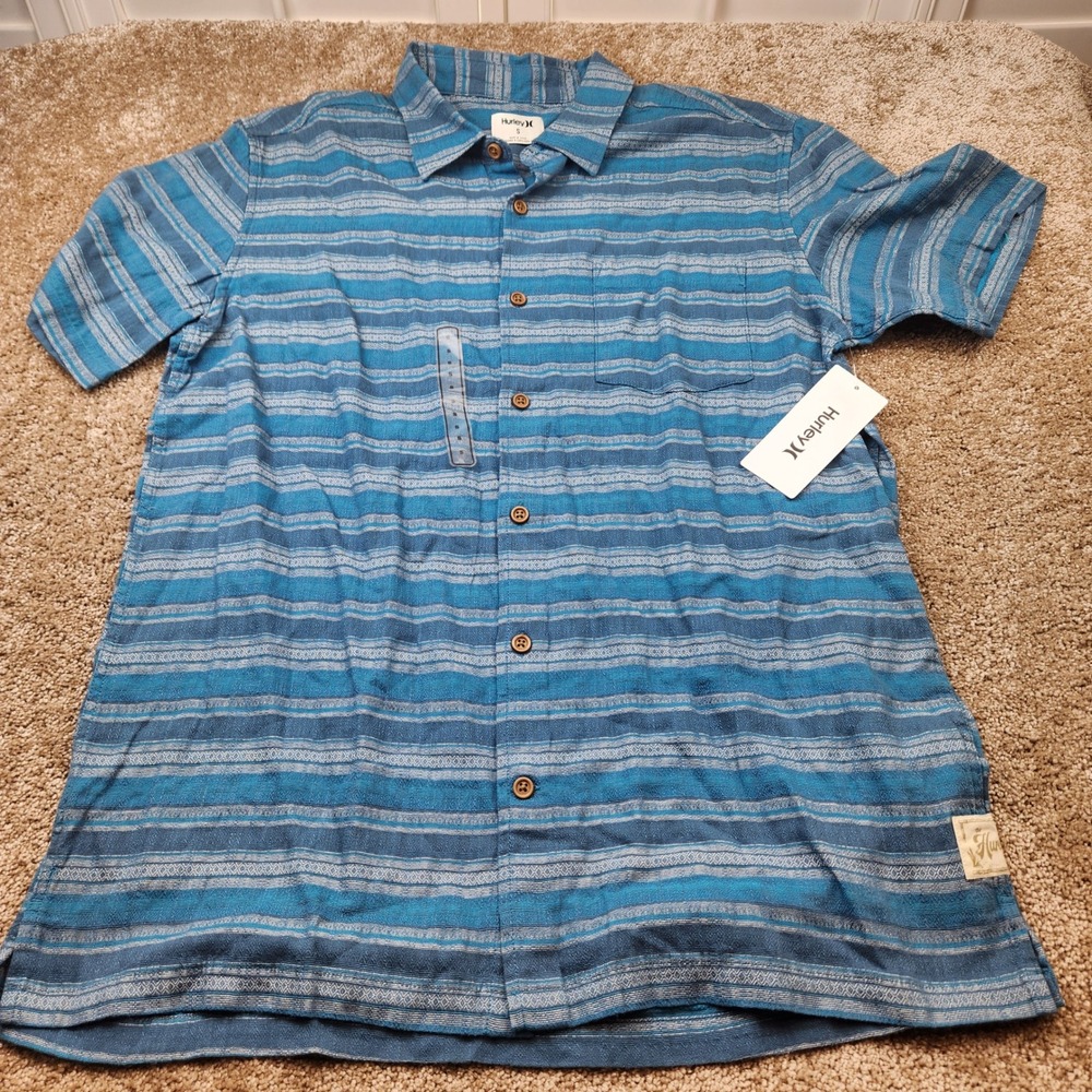 Hurley Baja Rincon Mens Small Blue Striped Short Sleeve Button Up Shirt ‎ NWT